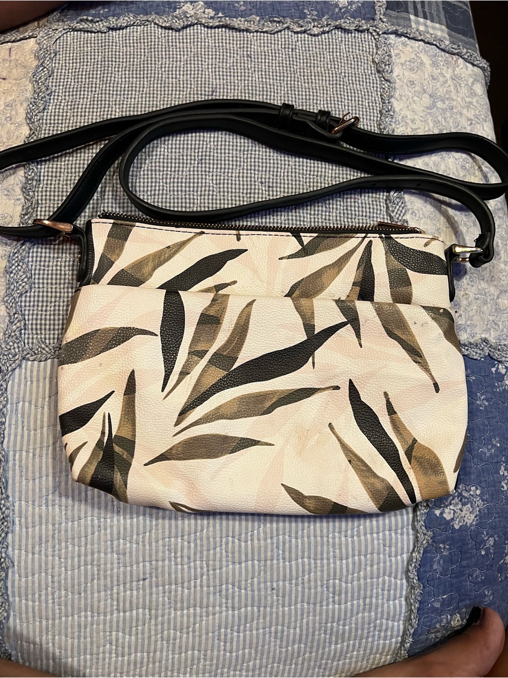 Leaf-Print Cream Crossbody Bag with Black Strap